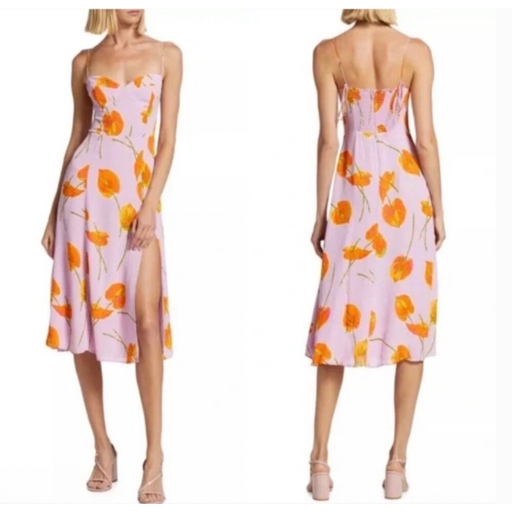 Reformation Midi‎ Dress Womens 12 Purple Floral Excellent Anthurium Tie Strap
